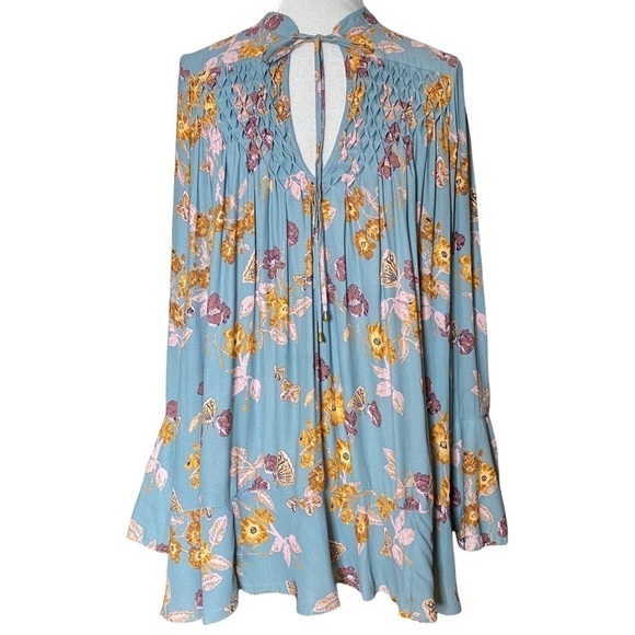 Free People Blue Pebble Crepe So Fine Boho Blouse Size Small - Picture 1 of 7